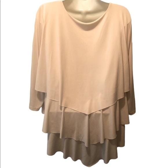 Susan Graver Liquid Knit Tiered Dressy Top 3/4 Ivory V Neck Size 1X Business - Picture 3 of 5